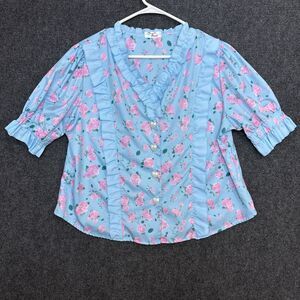 Kawaii Pastel Floral Ruffle Blouse Heart Buttons Short Sleeve Coquette Size L